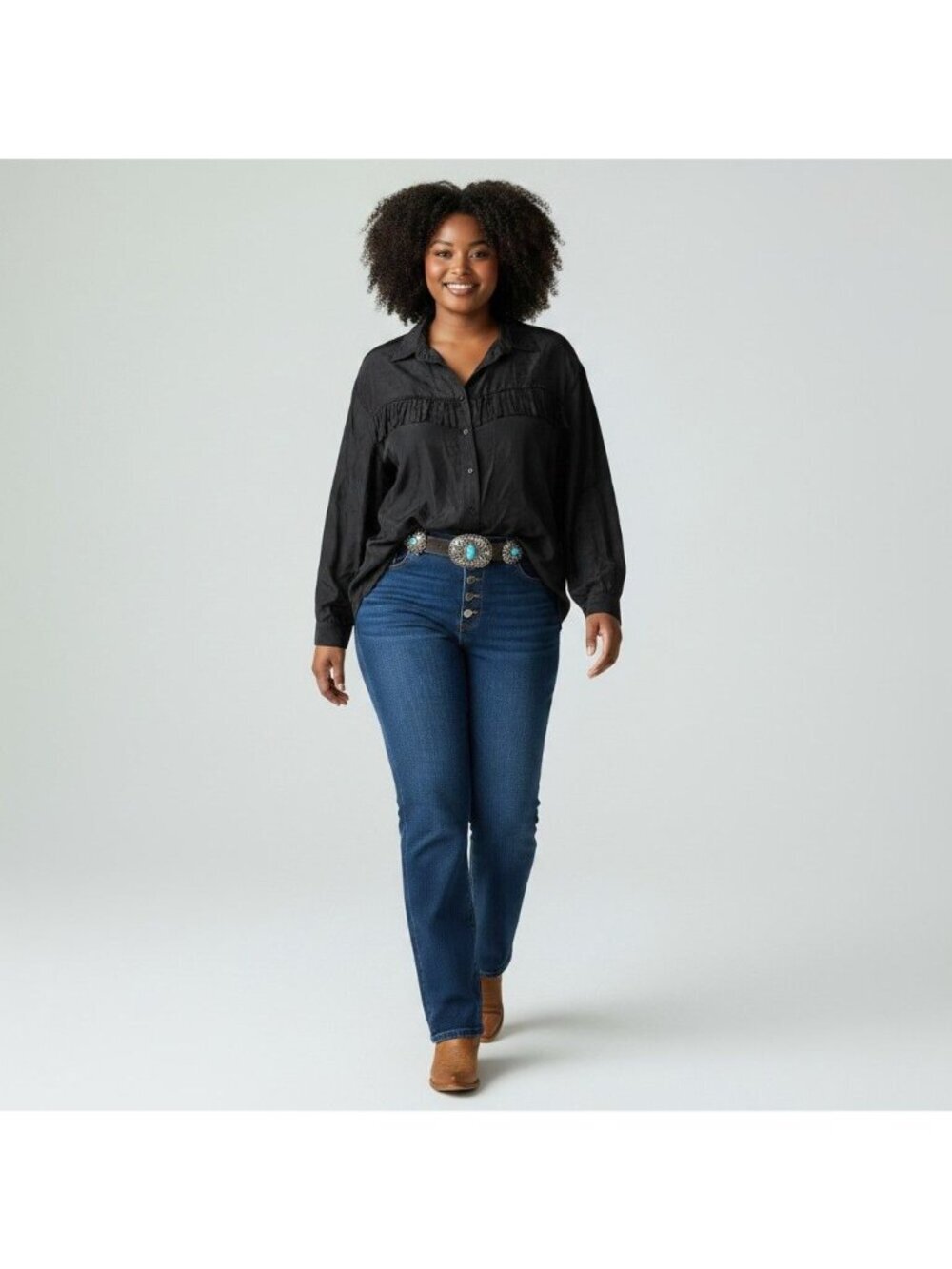 Backroad Blues Black Silk Fringed Western Button-Front Blouse Size 18W NWT Plus
